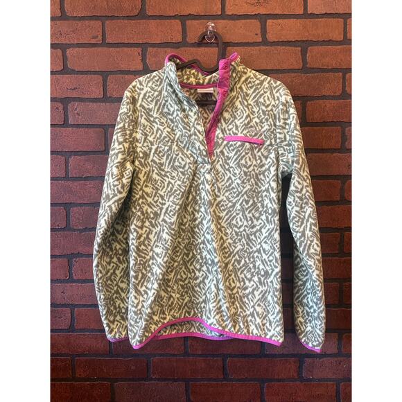 Columbia Green Patterned Fleece Pullover Jacket Small Snap Neck Zip Pocket Soft - Picture 2 of 12